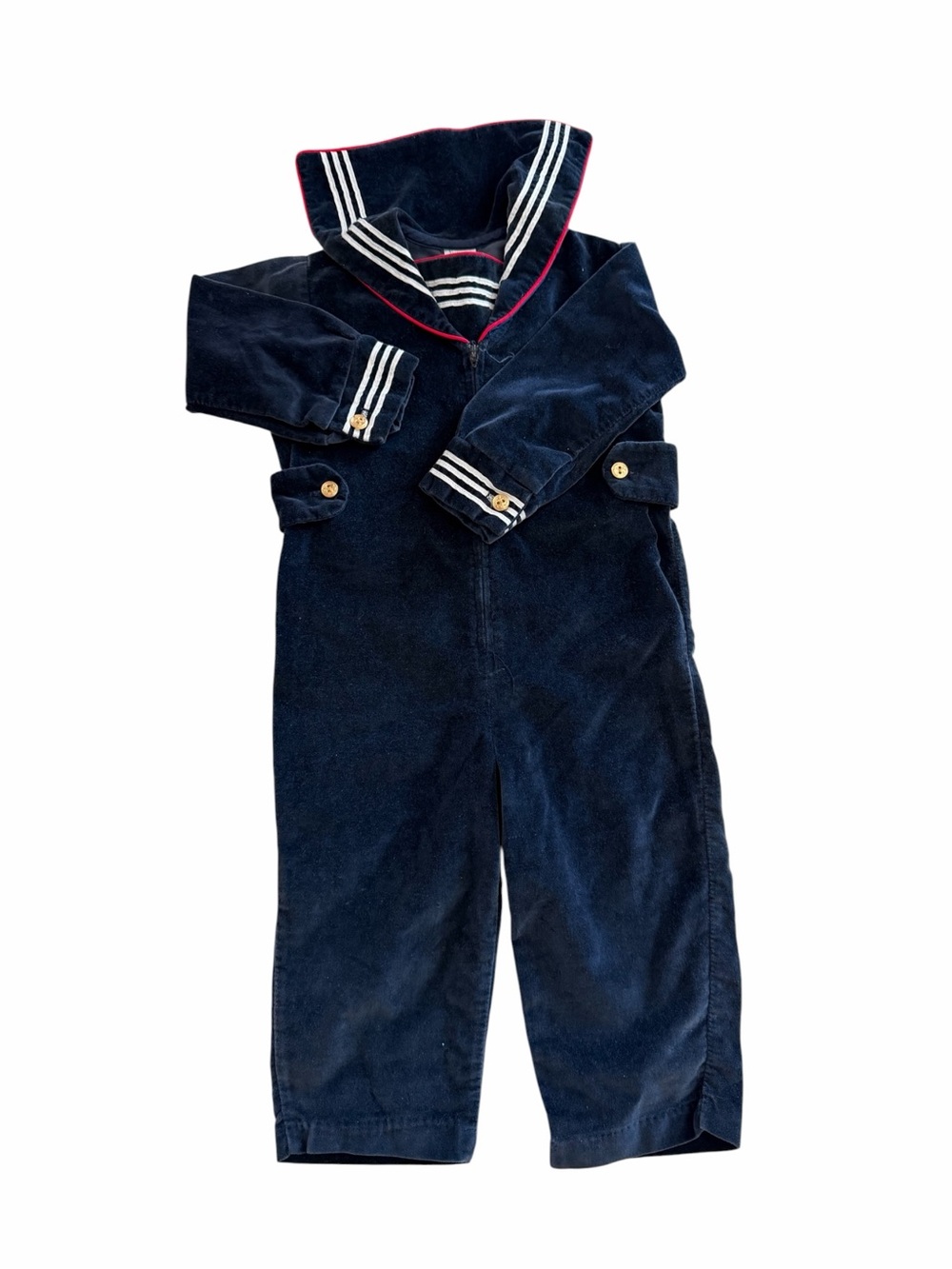 80s Buster Brown sailor Nautical Jumpsuit Navy Blue Velour Made in USA Tag 3T